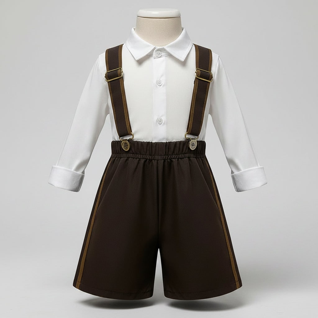 Heren Halloween Oktoberfest kostuum outfit met lederhosen dirndl bretels en veterkorset