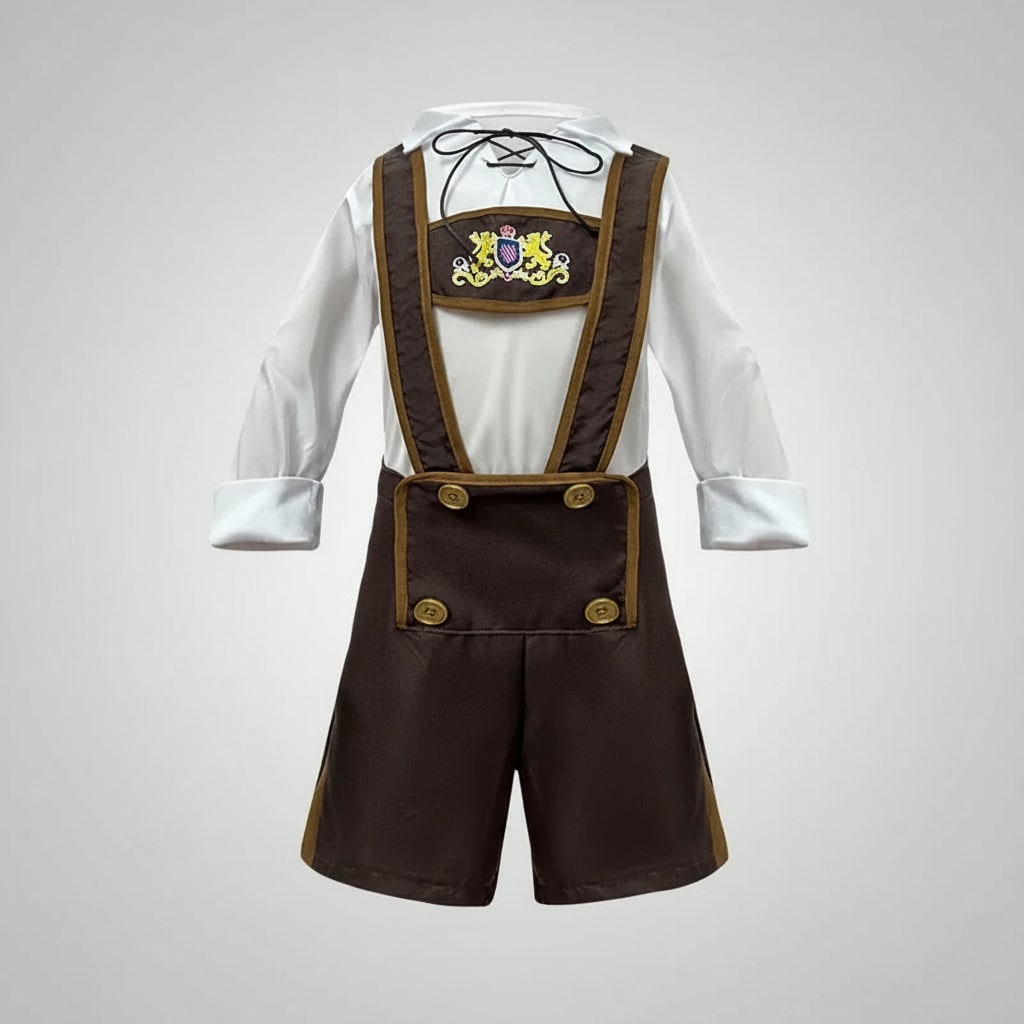 Heren Halloween Oktoberfest kostuum outfit met lederhosen dirndl bretels en veterkorset