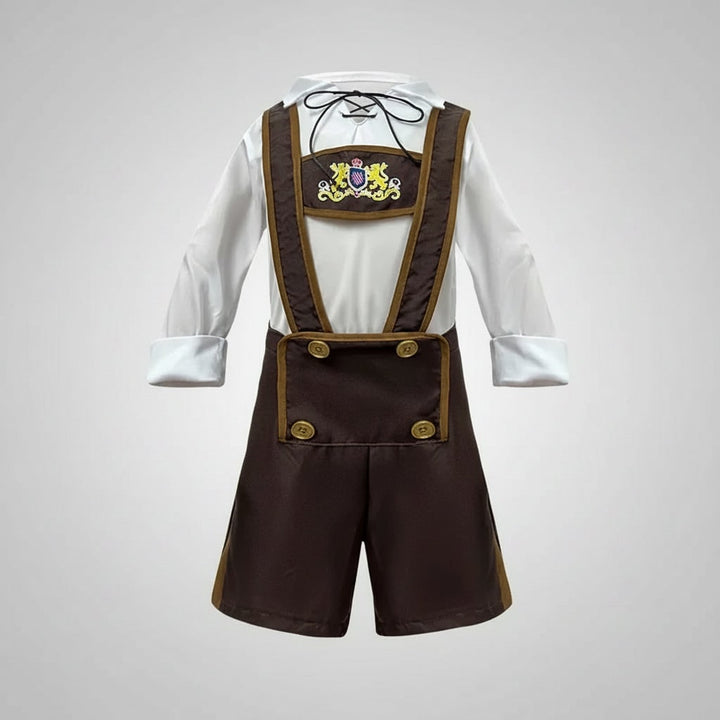 Heren Halloween Oktoberfest kostuum outfit met lederhosen dirndl bretels en veterkorset