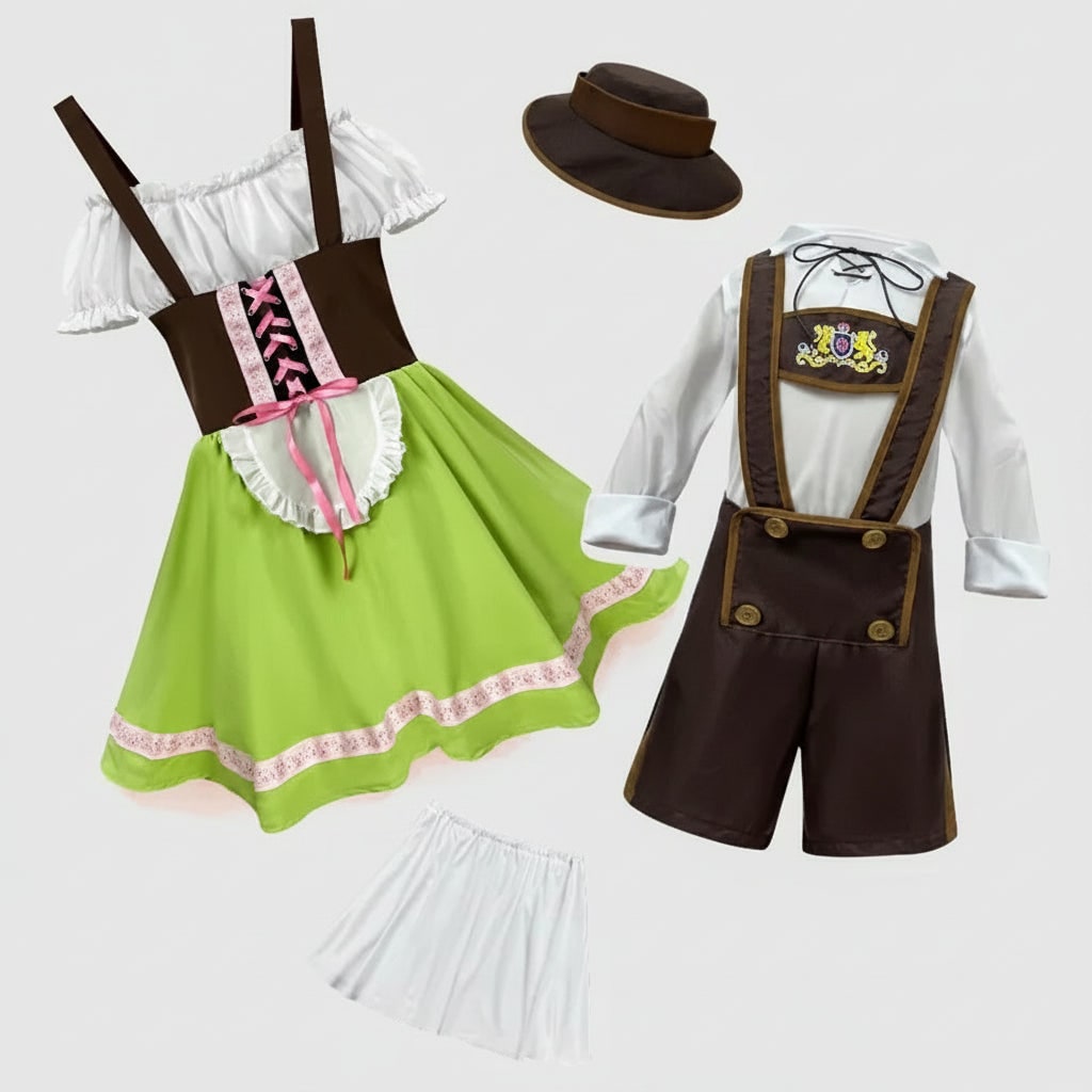 Heren Halloween Oktoberfest kostuum outfit met lederhosen dirndl bretels en veterkorset