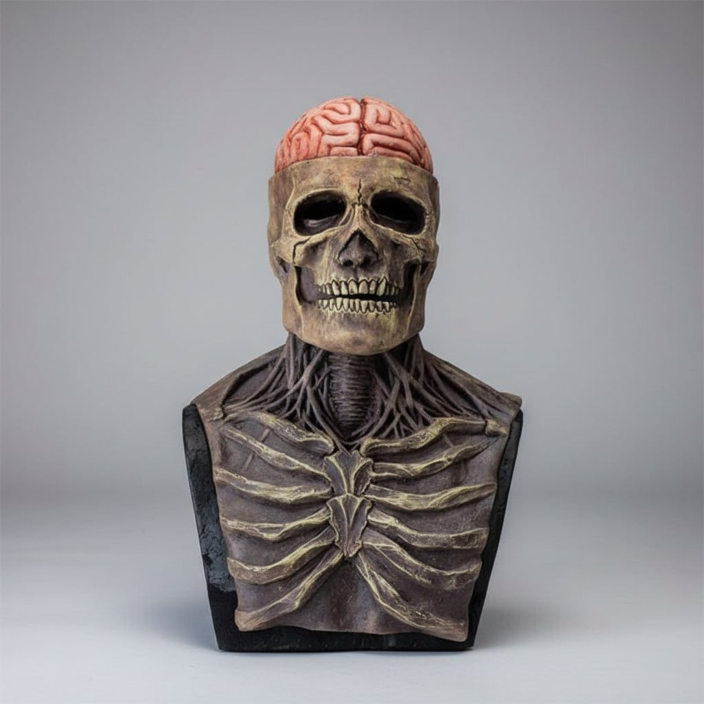 Halloween schedel skeletmasker voor heren met blootliggende hersenen en ribbenkast latex volledig hoofd creepy kostuum
