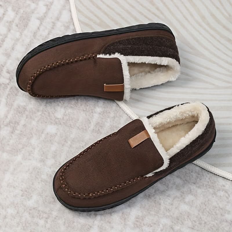 Herenpantoffels moccasin instap fleece rubberen zool suède warm