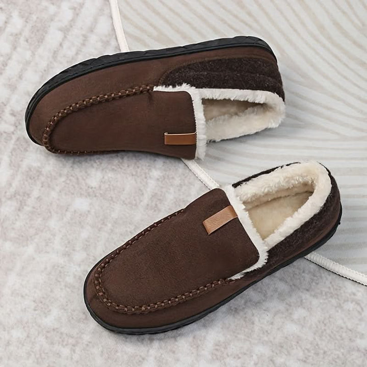 Herenpantoffels moccasin instap fleece rubberen zool suède warm