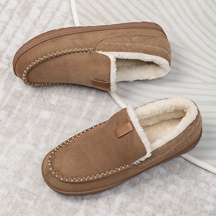 Herenpantoffels moccasin instap fleece rubberen zool suède warm