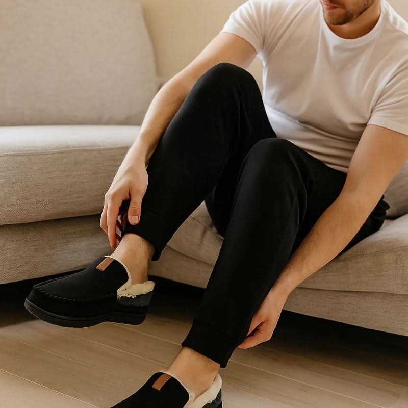 Herenpantoffels moccasin instap fleece rubberen zool suède warm