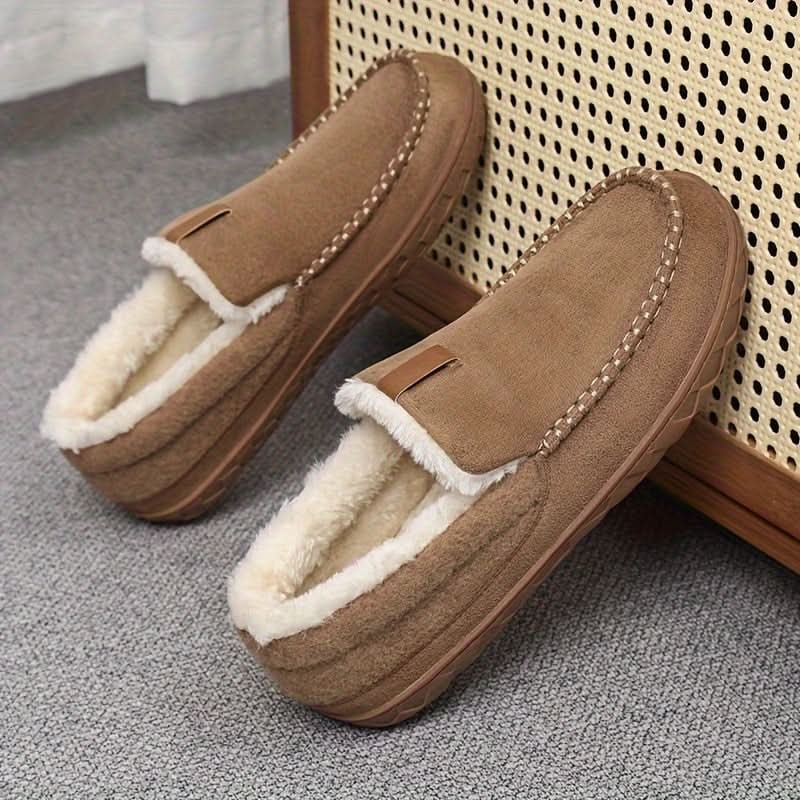 Herenpantoffels moccasin instap fleece rubberen zool suède warm