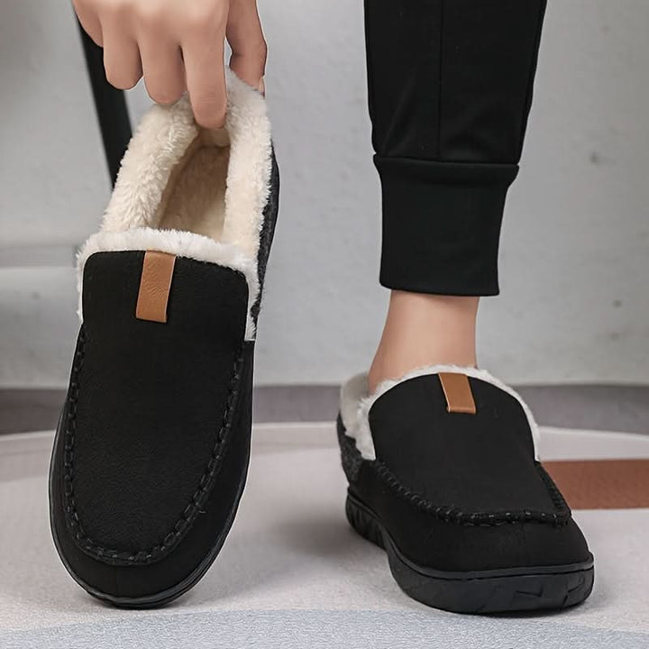 Herenpantoffels moccasin instap fleece rubberen zool suède warm