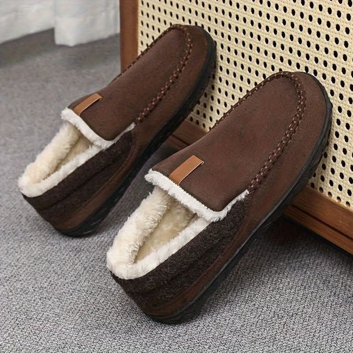 Herenpantoffels moccasin instap fleece rubberen zool suède warm