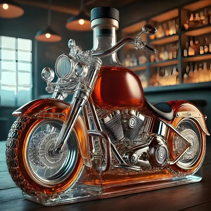 Glazen motorfiets-whiskykaraf met zwarte dop en gevormde motordetails, op maat