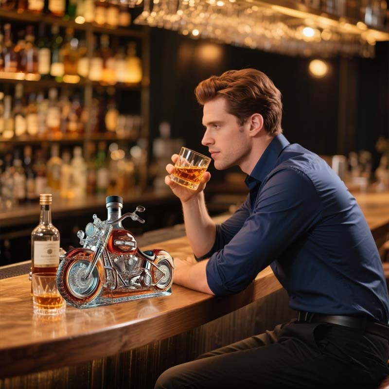 Glazen motorfiets-whiskykaraf met zwarte dop en gevormde motordetails, op maat