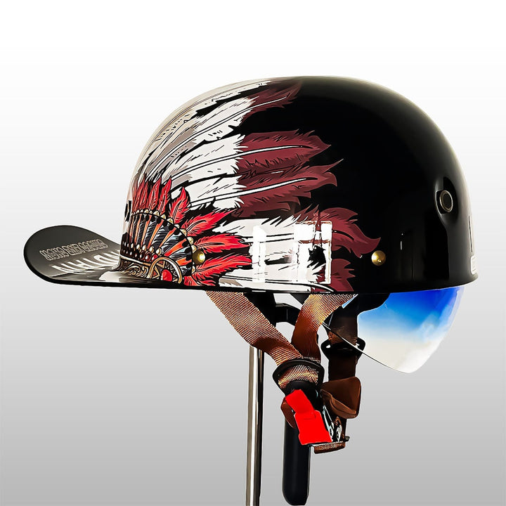 Motor-halfhelm in retro vintagestijl met snelsluiting en afneembaar vizier