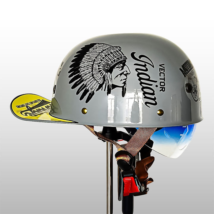 Motor-halfhelm in retro vintagestijl met snelsluiting en afneembaar vizier