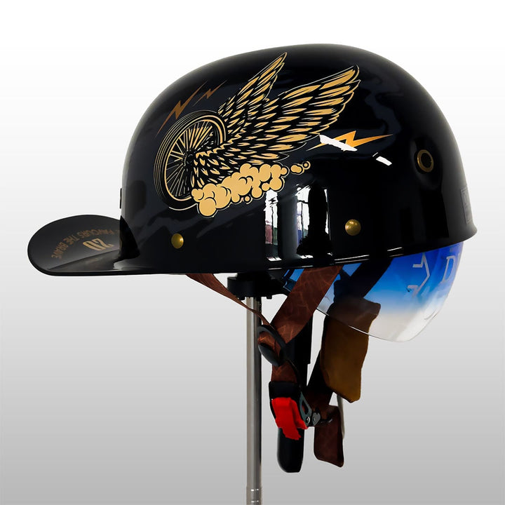 Motor-halfhelm in retro vintagestijl met snelsluiting en afneembaar vizier
