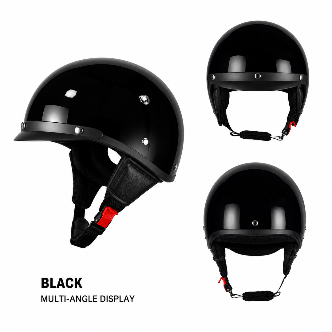 Motor-halfhelm in retro vintagestijl met snelsluiting en afneembaar vizier