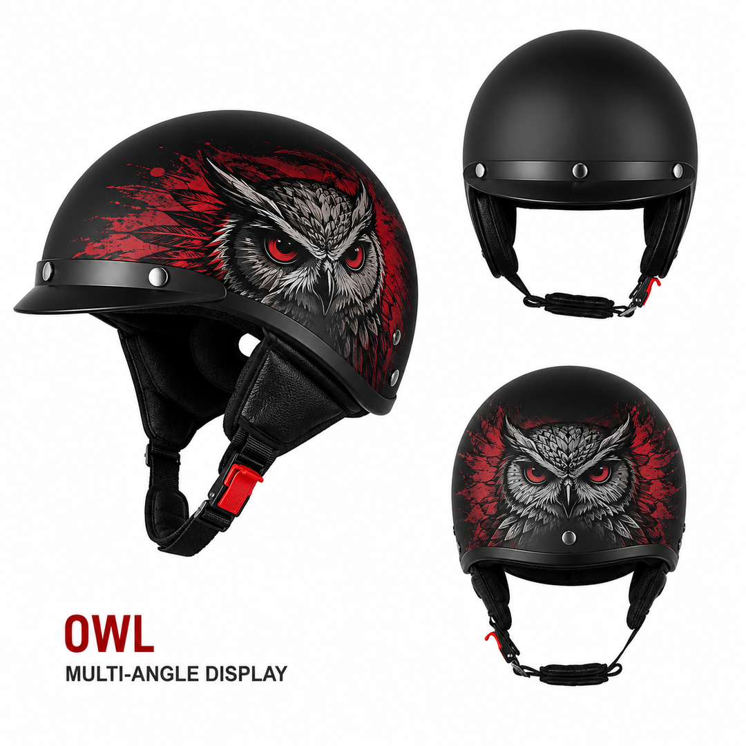 Motor-halfhelm in retro vintagestijl met snelsluiting en afneembaar vizier