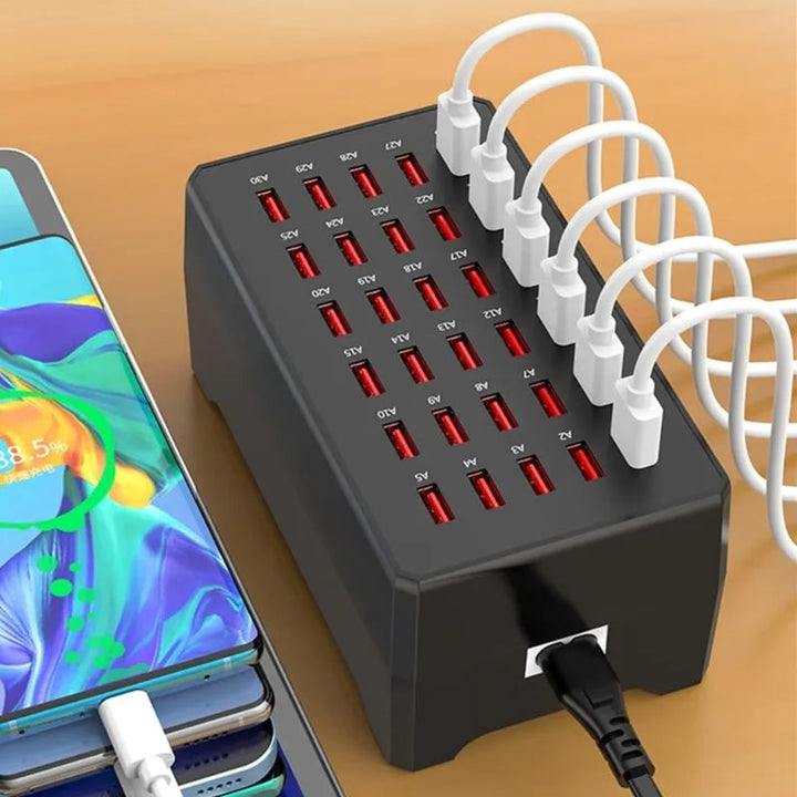 Oplaadstation voor meerdere apparaten, USB-oplader hub 30 poorten, zwart, rechthoekig, multi
