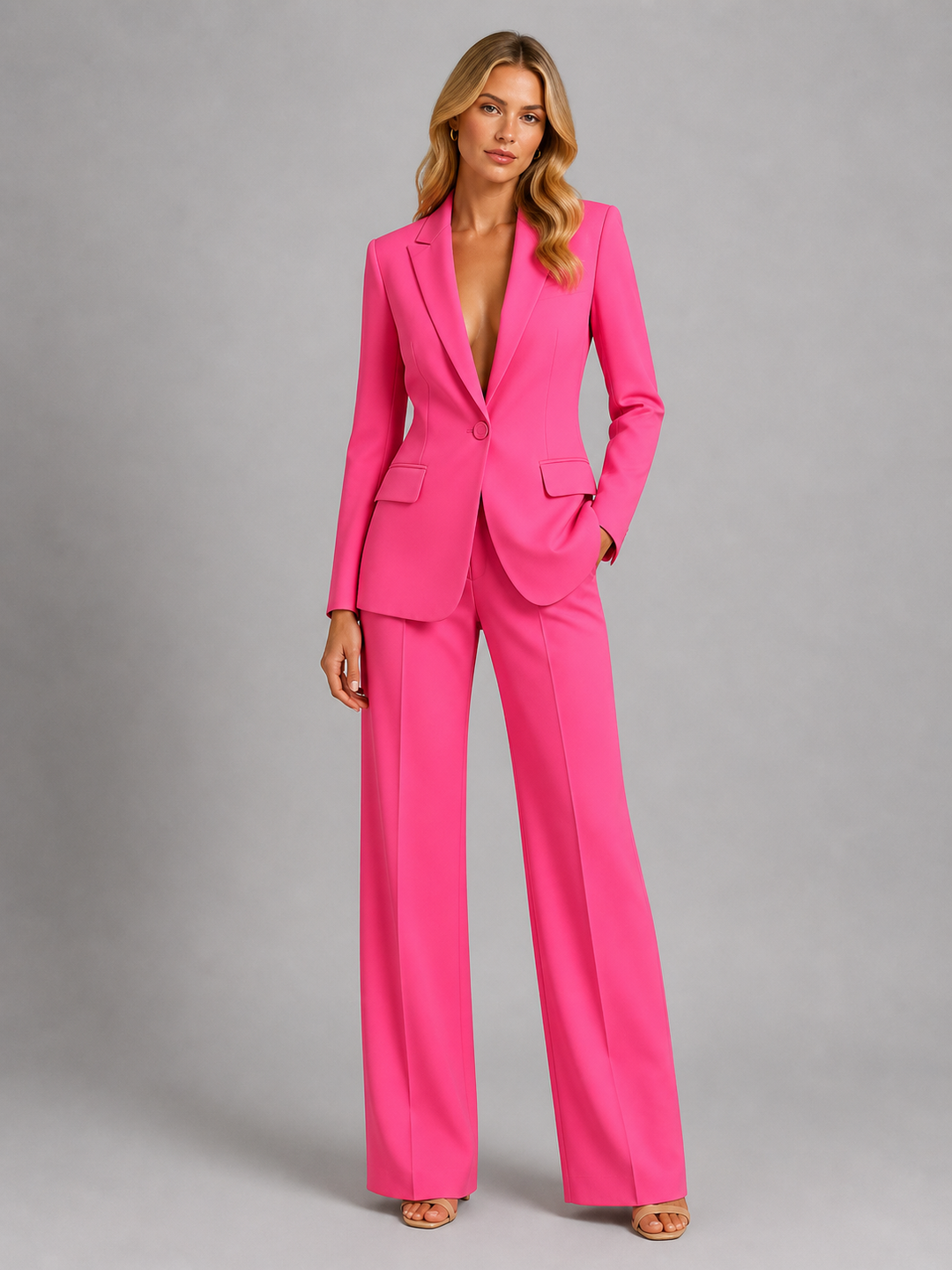 Tweedelig damespak met blazer en wijde broek