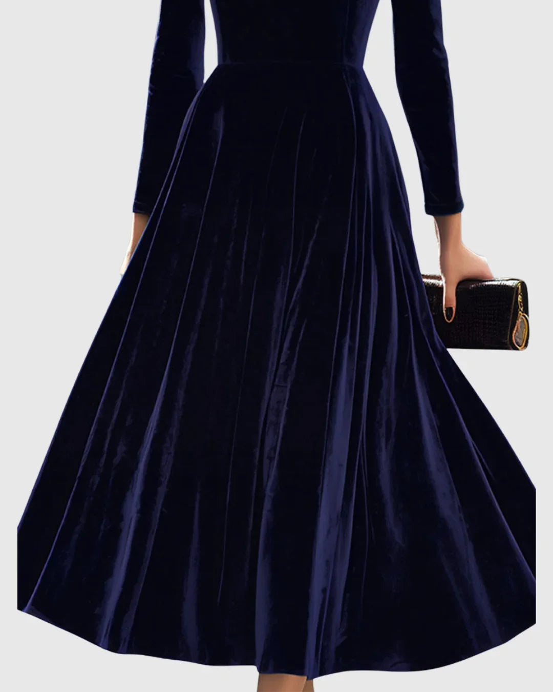 Marineblauwe fluwelen midi-jurk met lange mouwen