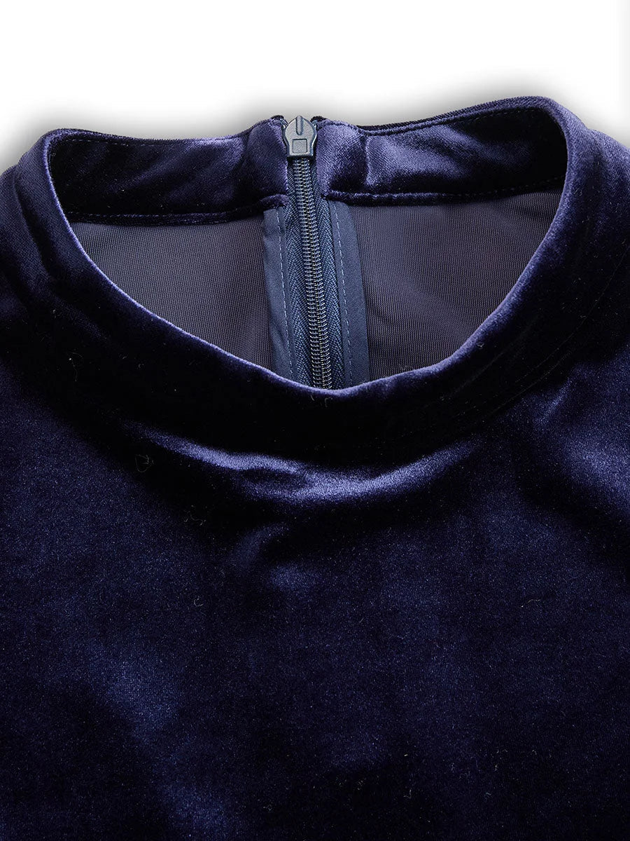 Marineblauwe fluwelen midi-jurk met lange mouwen