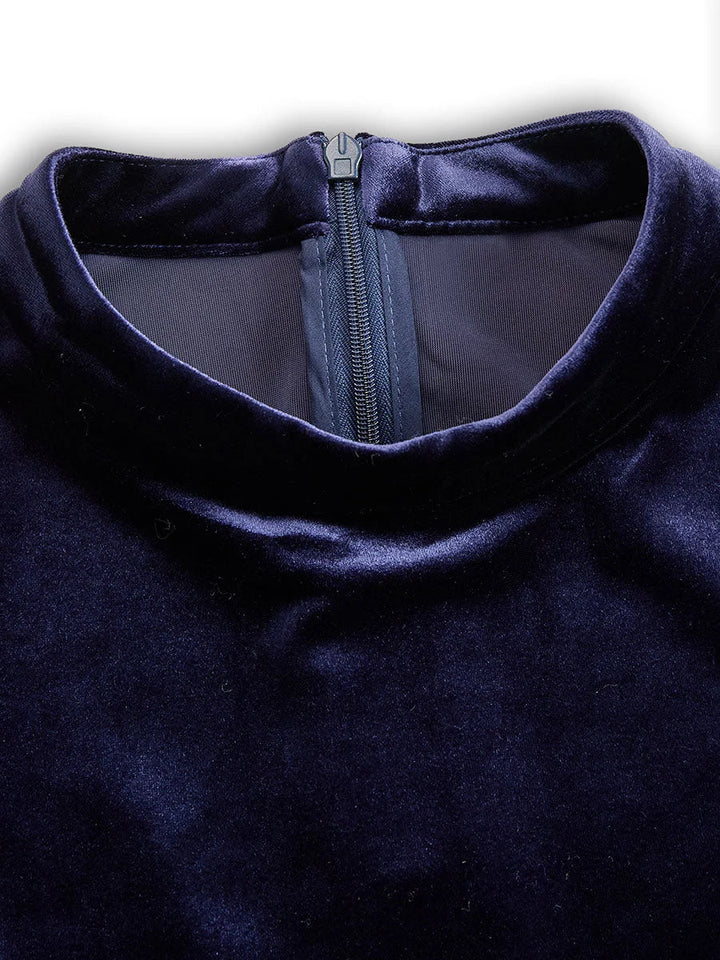 Marineblauwe fluwelen midi-jurk met lange mouwen