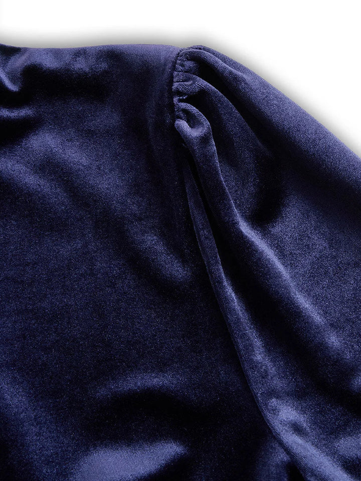 Marineblauwe fluwelen midi-jurk met lange mouwen