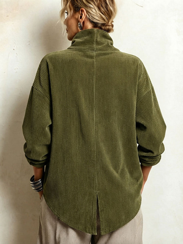 Dames corduroy sweatshirt met asymmetrische knoopsluiting en gedrapeerde sjaalkraag