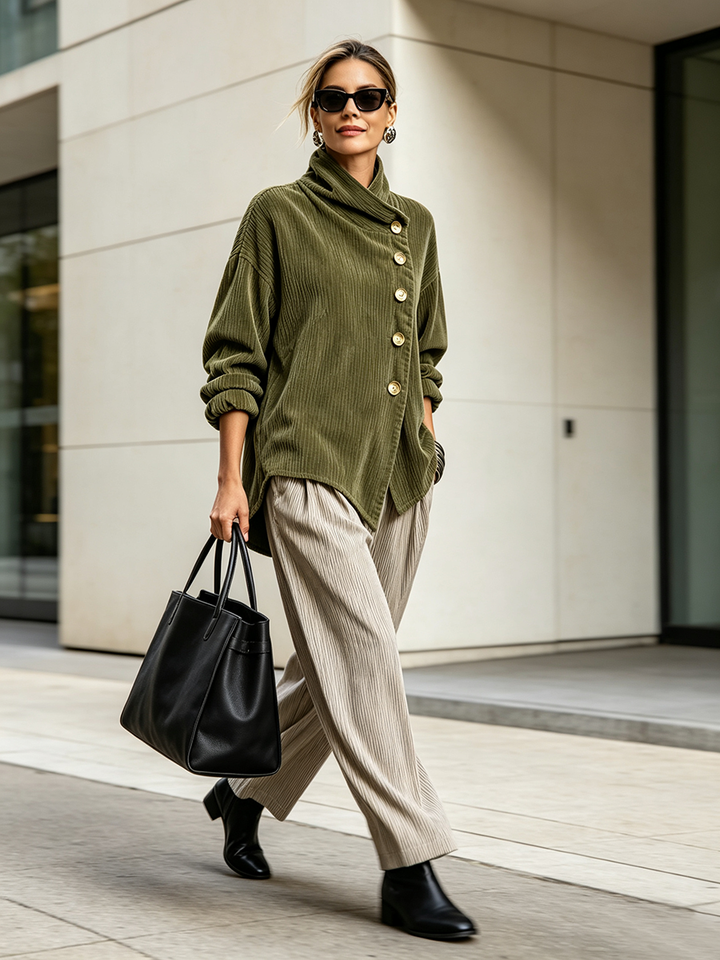 Dames corduroy sweatshirt met asymmetrische knoopsluiting en gedrapeerde sjaalkraag