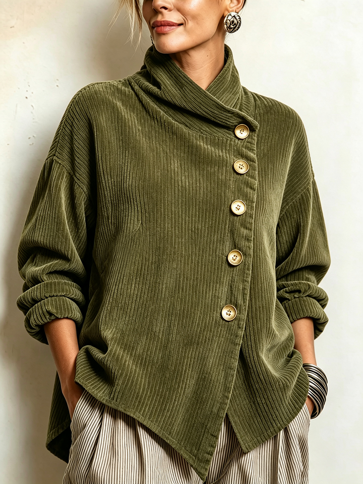 Dames corduroy sweatshirt met asymmetrische knoopsluiting en gedrapeerde sjaalkraag