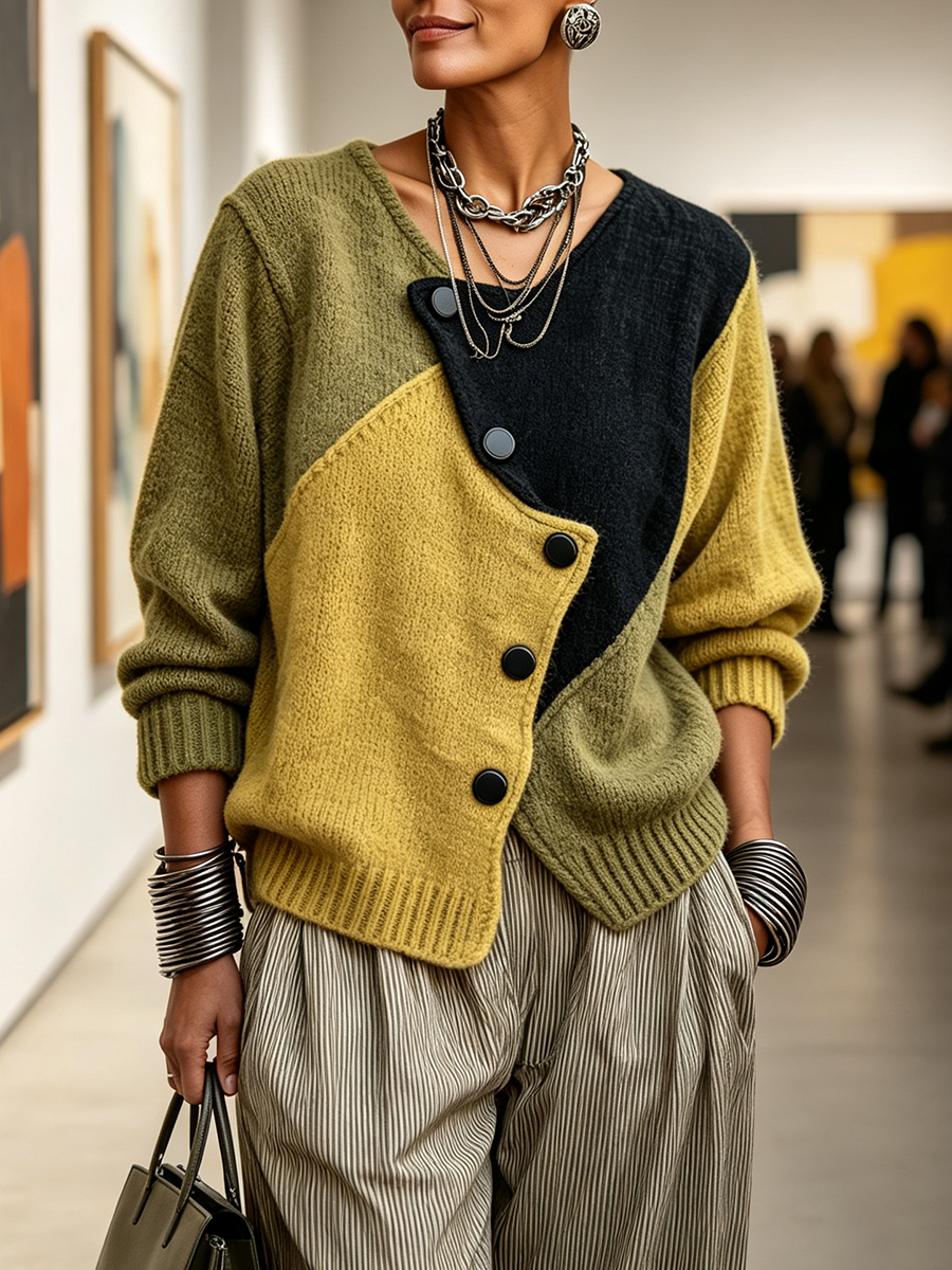 Dames colorblock gebreide trui met asymmetrische knopen, losse pasvorm