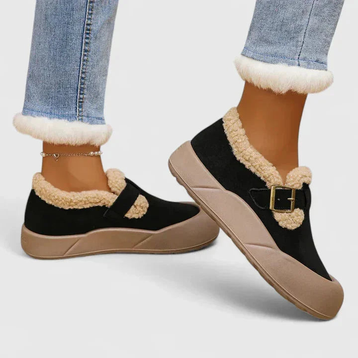 Suède pantoffels met sherpa fleece rand
