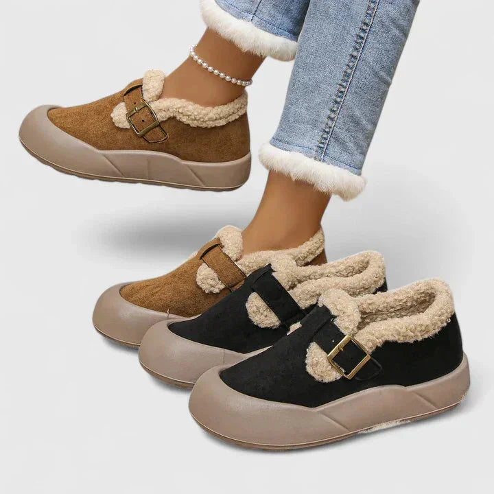 Suède pantoffels met sherpa fleece rand