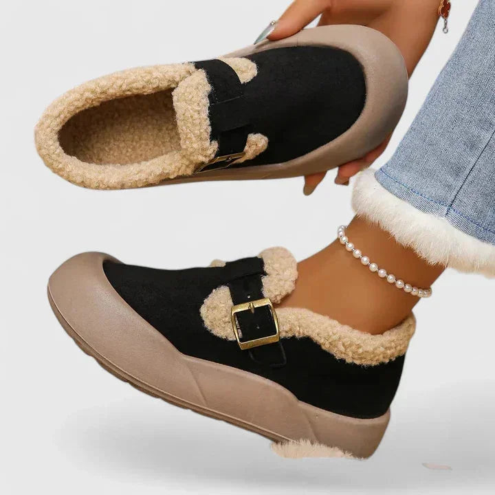 Suède pantoffels met sherpa fleece rand