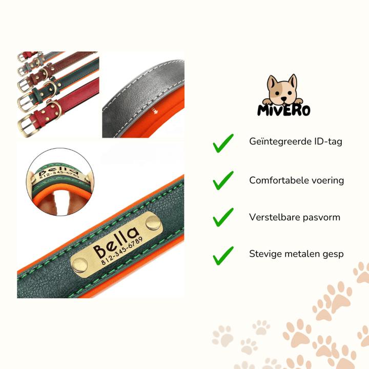 Gegraveerde leren hondenhalsband met gepersonaliseerd naamplaatje