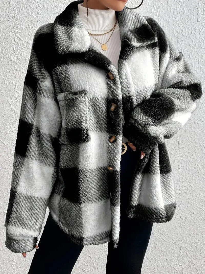 Oversized geruit jack met donzige textuur