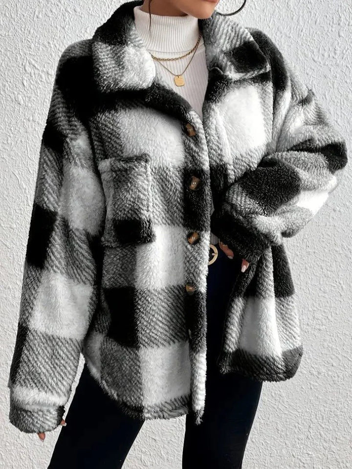 Oversized geruit jack met donzige textuur