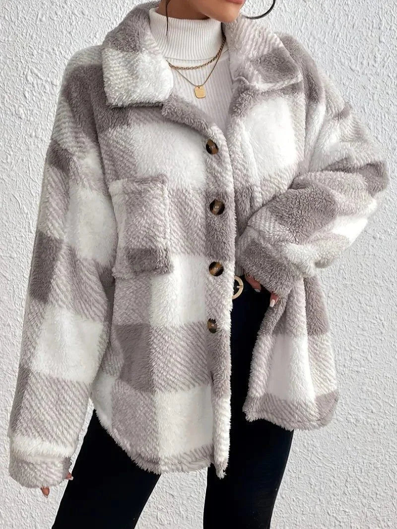Oversized geruit jack met donzige textuur