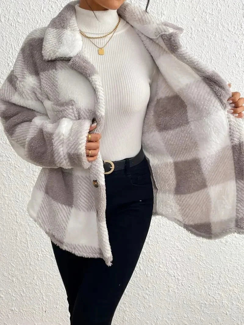 Oversized geruit jack met donzige textuur