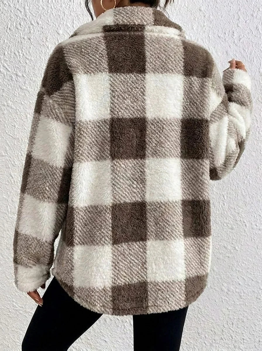 Oversized geruit jack met donzige textuur