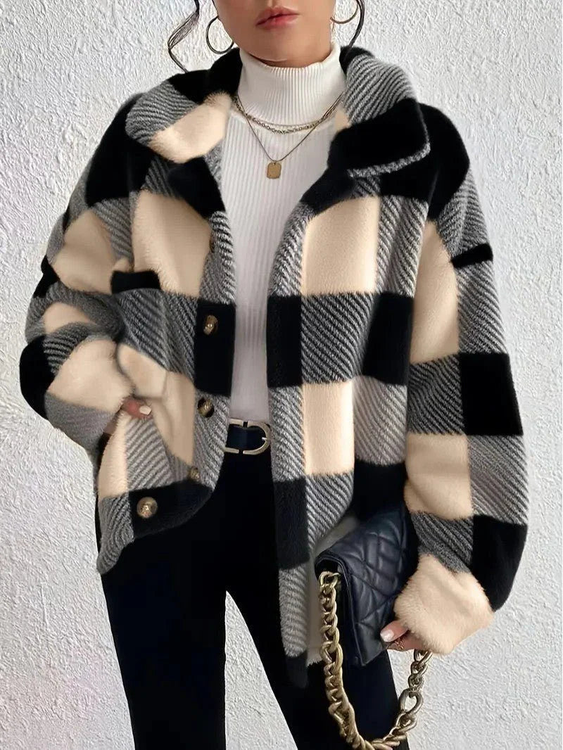 Oversized geruit jack met donzige textuur