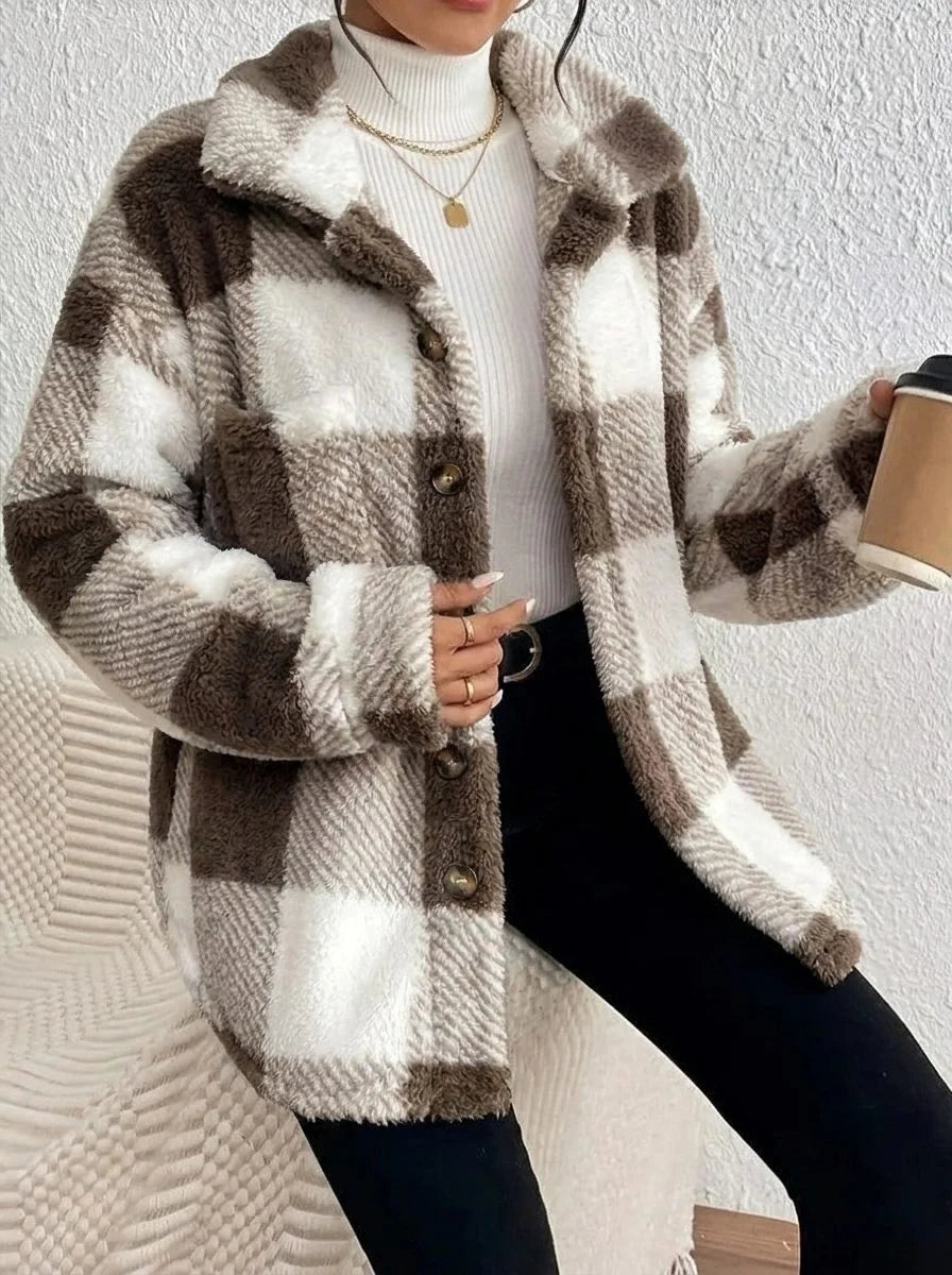 Oversized geruit jack met donzige textuur
