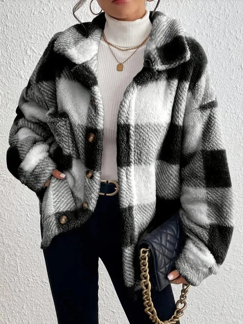 Oversized geruit jack met donzige textuur