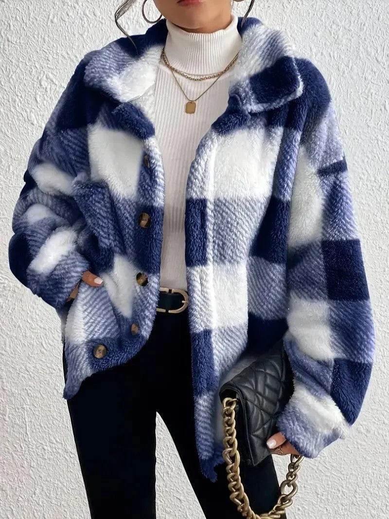 Oversized geruit jack met donzige textuur
