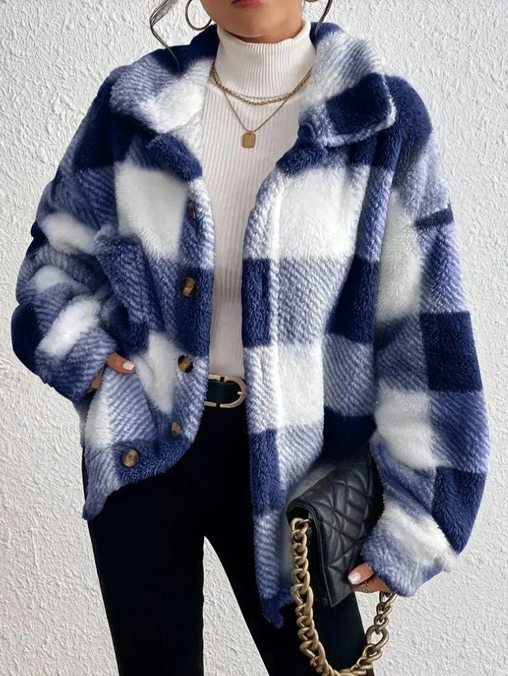 Oversized geruit jack met donzige textuur