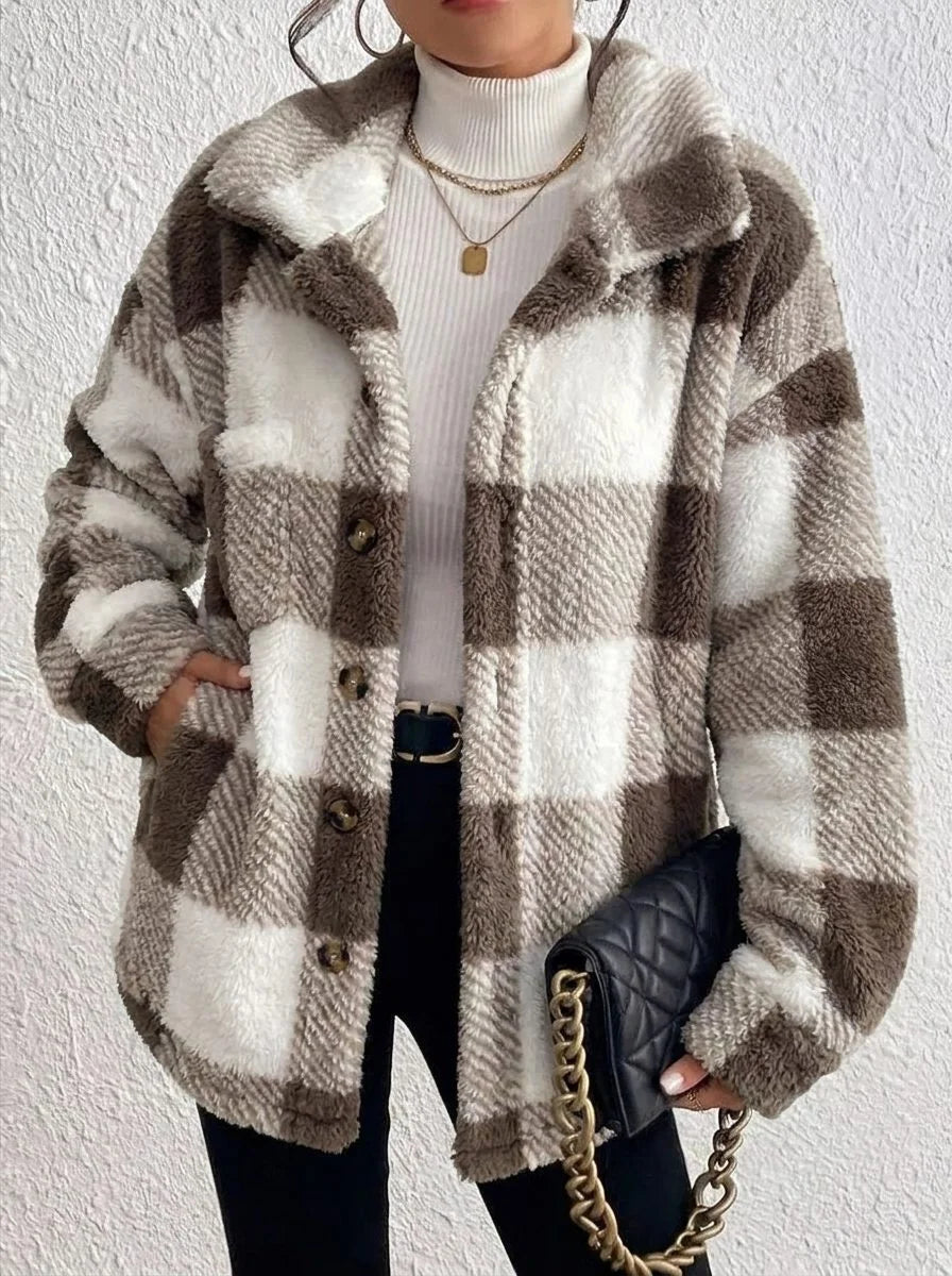 Oversized geruit jack met donzige textuur