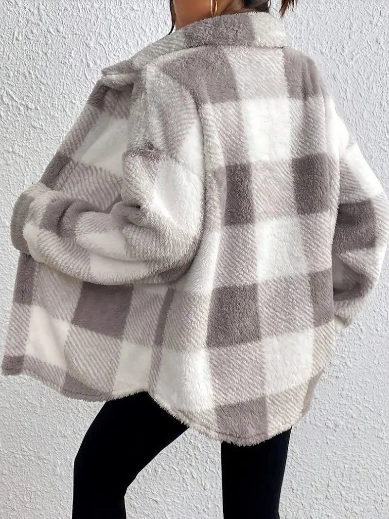 Oversized geruit jack met donzige textuur