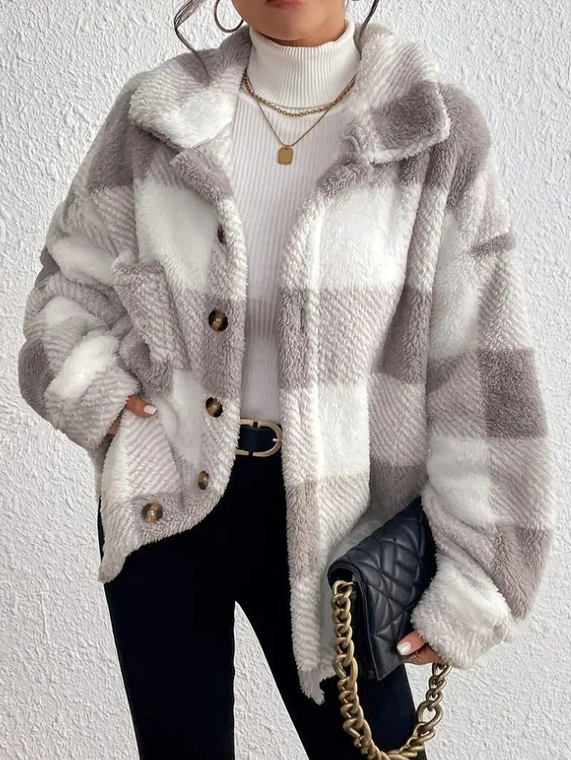 Oversized geruit jack met donzige textuur