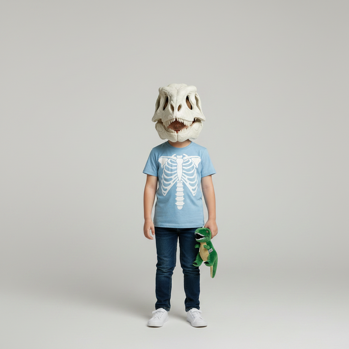 Pluche dinosaurus kostuummuts met tanden en staart