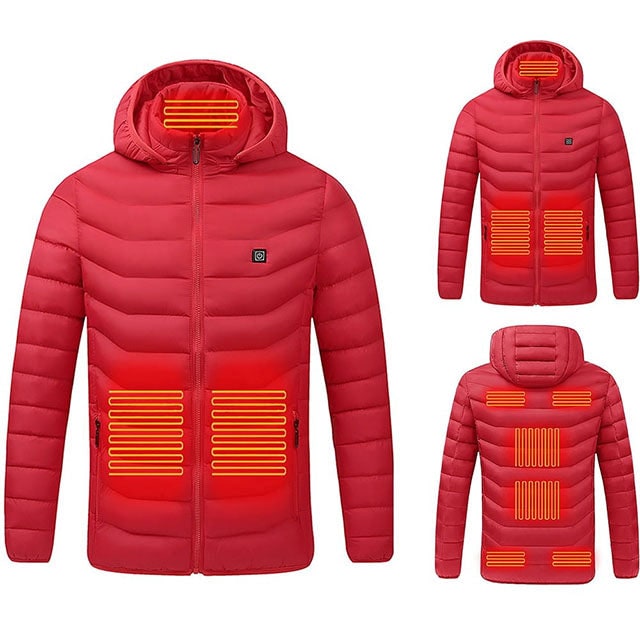 Verwarmde pufferjas met 9 warmtezones en capuchon