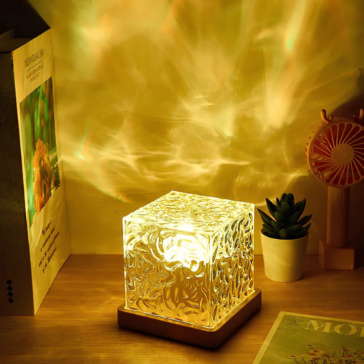 Lampprojector met afstandsbediening, waterrimpelkubus met houten voet, LED-aurora