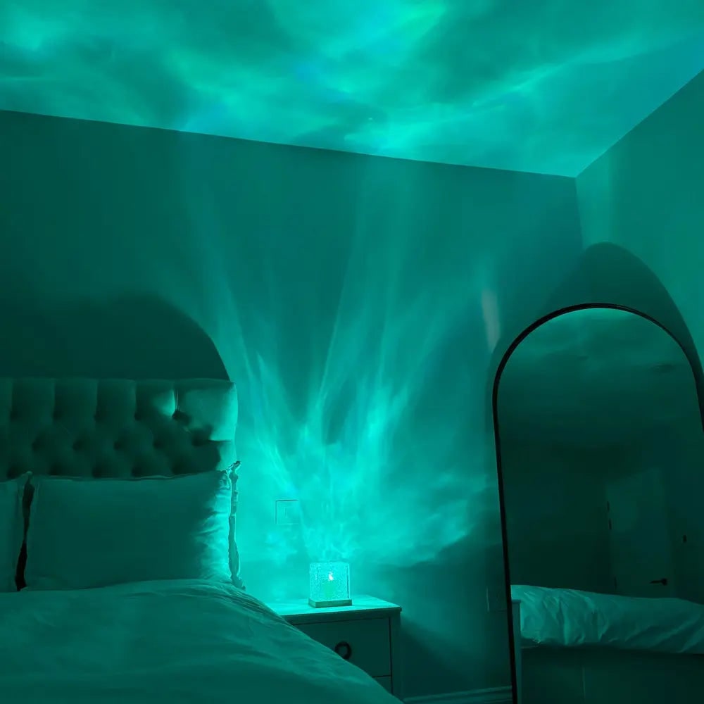 Lampprojector met afstandsbediening, waterrimpelkubus met houten voet, LED-aurora